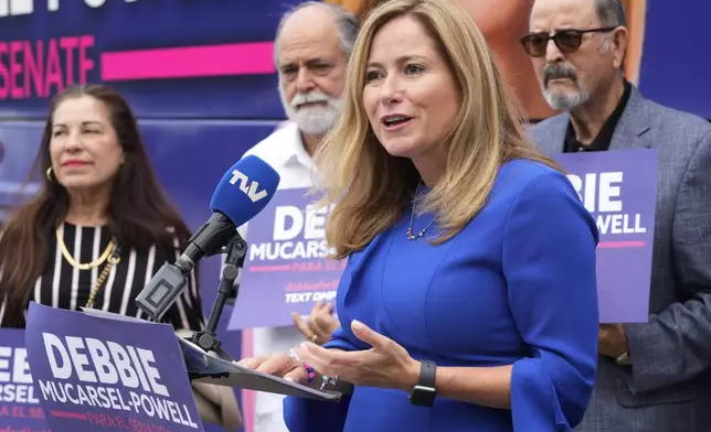 Democratic candidate for the U.S. Senate, Debbie Mucarsel-Powell speaks after receiving the endorsement of LULAC, Thursday, Oct. 24, 2024, in Doral, Fla. LULAC is the largest and oldest Hispanic and Latin-American civil rights organization in the United States. (AP Photo/Marta Lavandier)