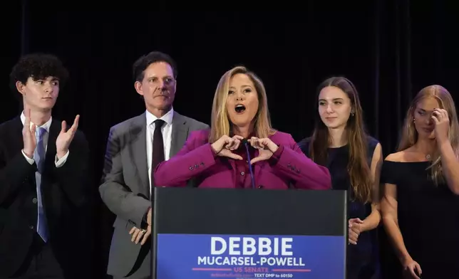 Democratic candidate for the U.S. Senate, Debbie Mucarsel-Powell speaks to supporters during an election night event, Tuesday, Nov. 5, 2024, in Miami. (AP Photo/Wilfredo Lee)