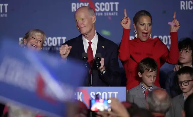 Sen. Rick Scott, R-Fla., speaks at a campaign watch party on election night Tuesday, Nov. 5, 2024, in Bonita Springs, Fla. (AP Photo/Chris O'Meara)