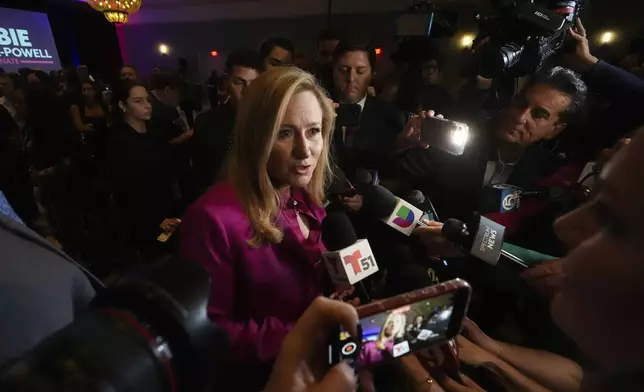 Democratic candidate for the U.S. Senate, Debbie Mucarsel-Powell speaks to members of the media during an election night event, Tuesday, Nov. 5, 2024, in Miami. (AP Photo/Wilfredo Lee)