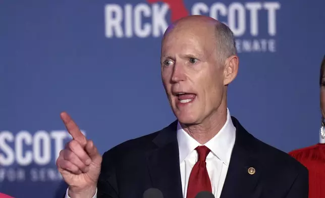 Sen. Rick Scott, R-Fla., speaks at a campaign watch party on election night Tuesday, Nov. 5, 2024, in Bonita Springs, Fla. (AP Photo/Chris O'Meara)