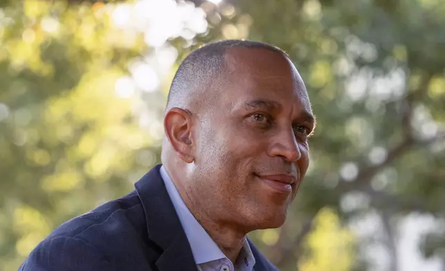 House Minority Leader Hakeem Jeffries, D-N.Y., during an interview with The Associated Press, Saturday, Oct. 12, 2024, in Irvine, Calif. (AP Photo/Julia Demaree Nikhinson)