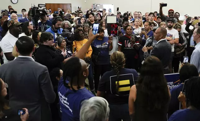 House Minority Leader Hakeem Jeffries, D-N.Y., speaks at a canvass launch for George Whitesides, Sunday, Oct. 13, 2024, in Palmdale, Calif. (AP Photo/Julia Demaree Nikhinson)