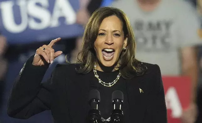 Democratic presidential nominee Vice President Kamala Harris speaks during a campaign rally at Carrie Blast Furnaces in Pittsburgh, Monday, Nov. 4, 2024. (AP Photo/Gene J. Puskar)