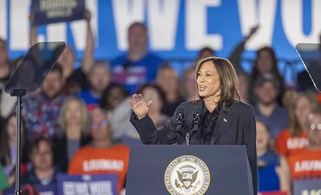 Democratic presidential nominee Vice President Kamala Harris speaks at a campaign event Friday, Nov. 1, 2024, in Little Chute, Wis. (AP Photo/Andy Manis)