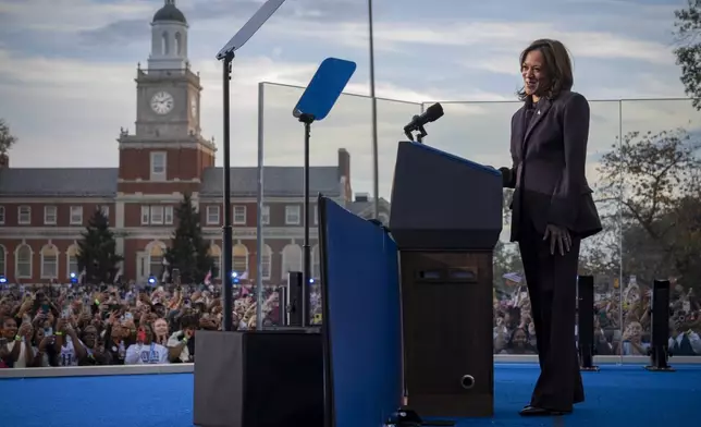 Democratic presidential nominee Vice President Kamala Harris delivers a concession speech for the 2024 Presidential election, Wednesday, Nov. 6, 2024, on the campus of Howard University in Washington. (AP Photo/Jacquelyn Martin)