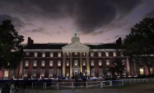 The stage is prepared ahead of an election night campaign watch party for Democratic presidential nominee Vice President Kamala Harris on Tuesday, Nov. 5, 2024, on the campus of Howard University in Washington. (AP Photo/Ben Curtis)