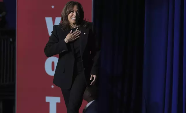 Democratic presidential nominee Vice President Kamala Harris arrives to speak during a campaign rally in Memorial Hall at Muhlenberg College in Allentown, Pa., Monday, Nov. 4, 2024. (AP Photo/Susan Walsh)