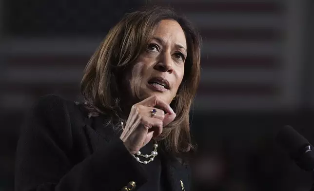 Democratic presidential nominee Vice President Kamala Harris speaks during a campaign rally in Memorial Hall at Muhlenberg College in Allentown, Pa., Monday, Nov. 4, 2024. (AP Photo/Jacquelyn Martin)