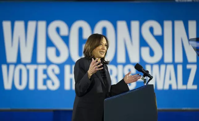 Democratic presidential nominee Vice President Kamala Harris speaks at a campaign rally at Little Chute High School, Friday, Nov. 1, 2024, in Little Chute, Wis. (AP Photo/Alex Brandon)