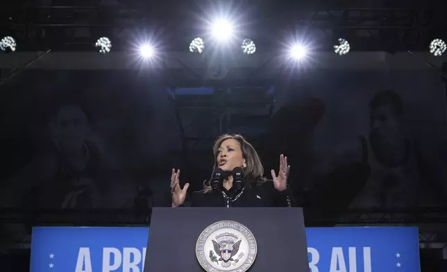 Democratic presidential nominee Vice President Kamala Harris speaks during a campaign rally in Memorial Hall at Muhlenberg College in Allentown, Pa., Monday, Nov. 4, 2024. (AP Photo/Jacquelyn Martin)