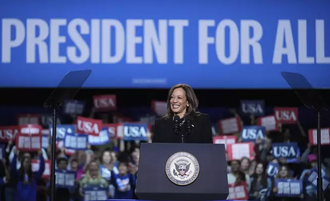 Democratic presidential nominee Vice President Kamala Harris speaks during a campaign rally in Memorial Hall at Muhlenberg College in Allentown, Pa., Monday, Nov. 4, 2024. (AP Photo/Susan Walsh)