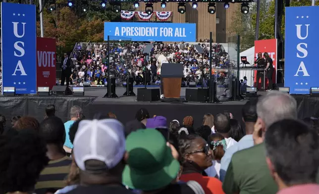 Spike Lee speaks at a campaign rally for Democratic presidential nominee Vice President Kamala Harris outside the Atlanta Civic Center, Saturday, Nov. 2, 2024. (AP Photo/Brynn Anderson)