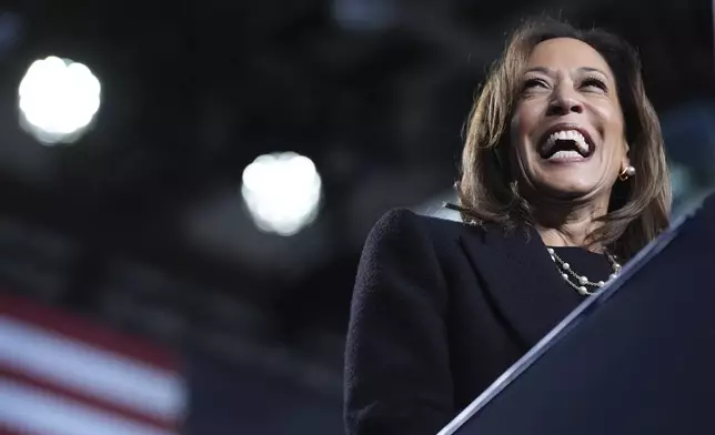 Democratic presidential nominee Vice President Kamala Harris speaks during a campaign rally in Memorial Hall at Muhlenberg College in Allentown, Pa., Monday, Nov. 4, 2024. (AP Photo/Jacquelyn Martin)