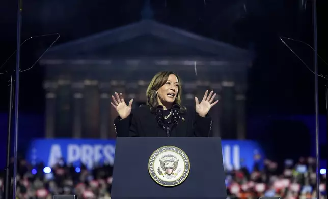 Democratic presidential nominee Vice President Kamala Harris speaks at a campaign rally outside the Philadelphia Museum of Art, Monday, Nov. 4, 2024, in Philadelphia. (AP Photo/Matt Rourke)