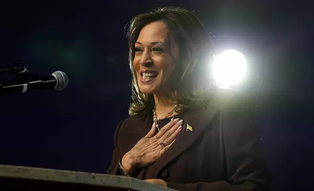 Democratic presidential nominee Vice President Kamala Harris speaks during a service at the Church of Christian Compassion, Sunday, Oct. 27, 2024, in Philadelphia. (AP Photo/Susan Walsh)