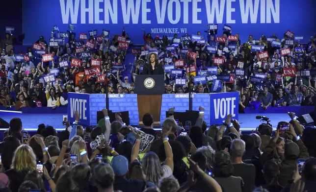 Democratic presidential nominee Vice President Kamala Harris speaks during a campaign rally in Milwaukee, Wis., Friday, Nov. 1, 2024. (AP Photo/Paul Beaty)