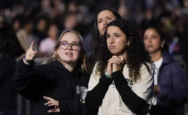 Supporters of Democratic presidential nominee Vice President Kamala Harris look at election results during an election night campaign watch party Tuesday, Nov. 5, 2024, on the campus of Howard University in Washington. (AP Photo/Mark Schiefelbein)