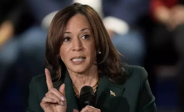 Democratic presidential nominee Vice President Kamala Harris speaks during a town hall at the Royal Oak Theatre in Royal Oak, Mich., Monday, Oct. 21, 2024. (AP Photo/Carlos Osorio)