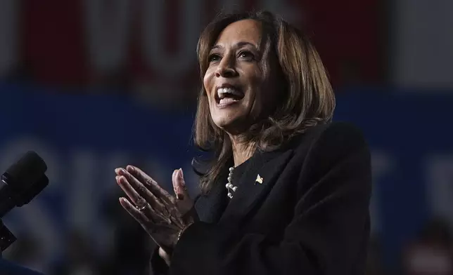 Democratic presidential nominee Vice President Kamala Harris speaks during a campaign rally in Memorial Hall at Muhlenberg College in Allentown, Pa., Monday, Nov. 4, 2024. (AP Photo/Jacquelyn Martin)