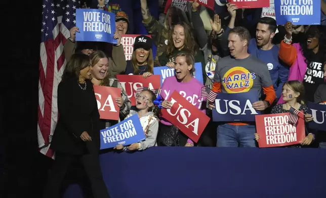 Democratic presidential nominee Vice President Kamala Harris arrives to speak during a campaign rally at Carrie Blast Furnaces in Pittsburgh, Monday, Nov. 4, 2024. (AP Photo/Gene J. Puskar)