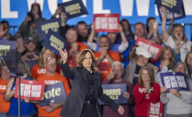 Democratic presidential nominee Vice President Kamala Harris waves to the crowd after speaking at a campaign event Friday, Nov. 1, 2024, in Little Chute, Wis. (AP Photo/Andy Manis)