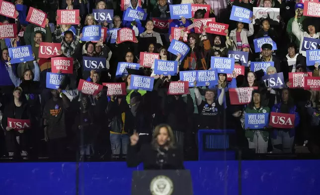 Democratic presidential nominee Vice President Kamala Harris speaks during a campaign rally outside the Philadelphia Museum of Art, Monday, Nov. 4, 2024, in Philadelphia. (AP Photo/Matt Slocum)