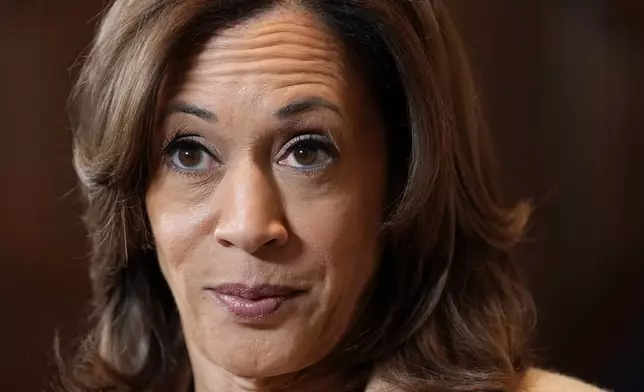 Democratic presidential nominee Vice President Kamala Harris speaks to the media at the Pfister Hotel in Milwaukee, Saturday, Nov. 2, 2024. (AP Photo/Jacquelyn Martin)