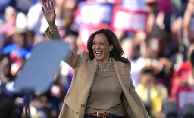 Democratic presidential nominee Vice President Kamala Harris arrives to speak during a campaign rally outside the Atlanta Civic Center, Saturday, Nov. 2, 2024. (AP Photo/Brynn Anderson)