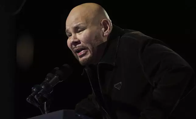 Rapper Fat Joe speaks during a campaign rally for Democratic presidential nominee Vice President Kamala Harris outside the Philadelphia Museum of Art, Monday, Nov. 4, 2024, in Philadelphia. (AP Photo/Matt Rourke)