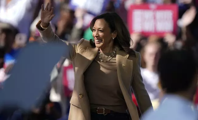 Democratic presidential nominee Vice President Kamala Harris arrives to speak during a campaign rally outside the Atlanta Civic Center, Saturday, Nov. 2, 2024. (AP Photo/Brynn Anderson)