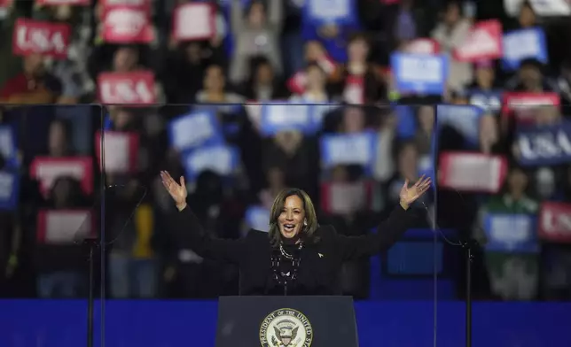 Democratic presidential nominee Vice President Kamala Harris speaks during a campaign rally outside the Philadelphia Museum of Art, Monday, Nov. 4, 2024, in Philadelphia. (AP Photo/Matt Slocum)