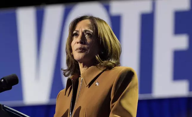 Democratic presidential nominee Vice President Kamala Harris speaks during a campaign rally at the Wings Event Center in Kalamazoo, Mich., Saturday, Oct. 26, 2024. (AP Photo/Jacquelyn Martin)