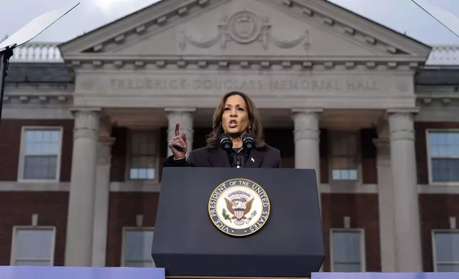 Vice President Kamala Harris delivers a concession speech after the 2024 presidential election, Wednesday, Nov. 6, 2024, on the campus of Howard University in Washington. (AP Photo/Jacquelyn Martin)