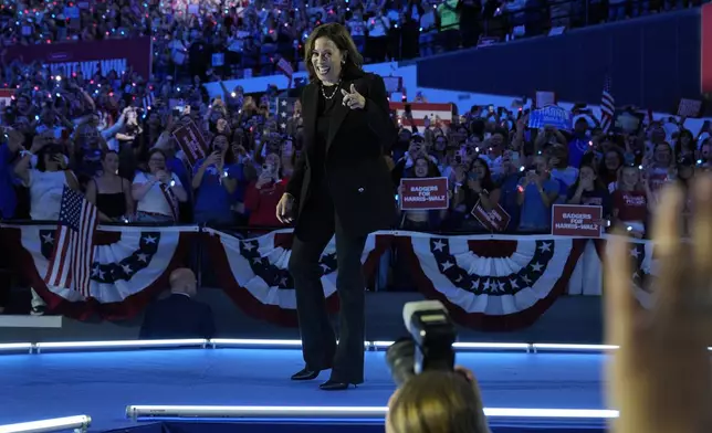 Democratic presidential nominee Vice President Kamala Harris arrives to speak during a campaign rally at the Alliant Energy Center in Madison, Wis., Wednesday, Oct. 30, 2024. (AP Photo/Jacquelyn Martin)