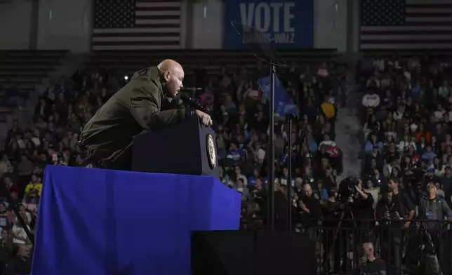 Rapper Fat Joe speaks at a campaign rally for Democratic presidential nominee Vice President Kamala Harris in Memorial Hall at Muhlenberg College in Allentown, Pa., Monday, Nov. 4, 2024. (AP Photo/Jacquelyn Martin)