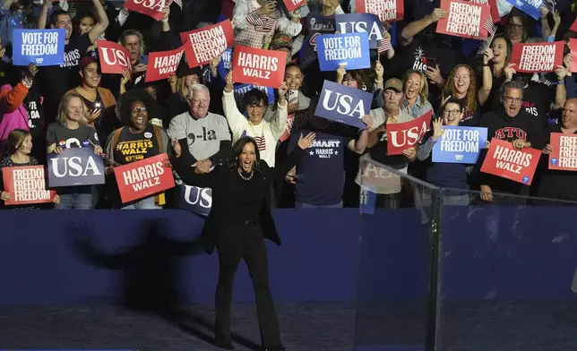 Democratic presidential nominee Vice President Kamala Harris arrives to speak during a rally at Carrie Blast Furnaces in Pittsburgh, Monday, Nov. 4, 2024. (AP Photo/Jacquelyn Martin)