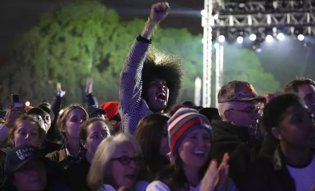 The crowd reacts as Democratic presidential nominee Vice President Kamala Harris speaks during a campaign rally outside the Philadelphia Museum of Art, Monday, Nov. 4, 2024, in Philadelphia. (AP Photo/Jacquelyn Martin)