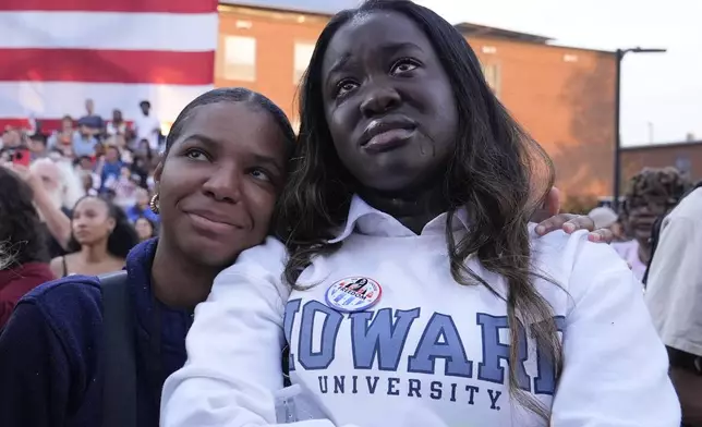 Supports watch as Vice President Kamala Harris delivers a concession speech for the 2024 presidential election, Wednesday, Nov. 6, 2024, on the campus of Howard University in Washington. (AP Photo/Susan Walsh)