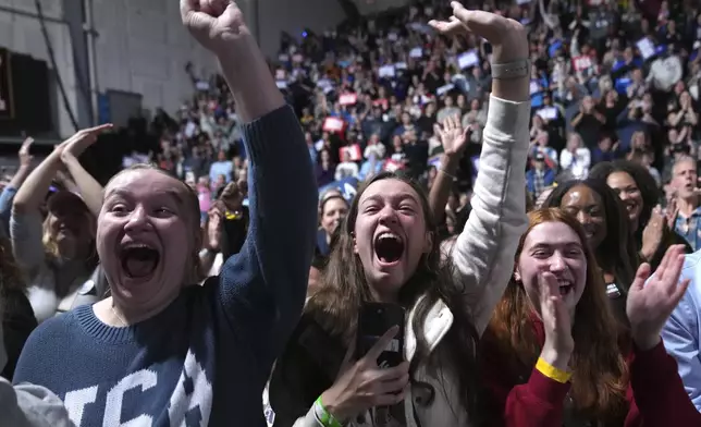 Supporters cheer as Democratic presidential nominee Vice President Kamala Harris speaks during a campaign rally in Memorial Hall at Muhlenberg College in Allentown, Pa., Monday, Nov. 4, 2024. (AP Photo/Jacquelyn Martin)