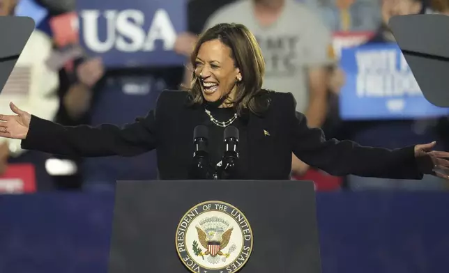 Democratic presidential nominee Vice President Kamala Harris speaks during a campaign rally at Carrie Blast Furnaces in Pittsburgh, Monday, Nov. 4, 2024. (AP Photo/Gene J. Puskar)