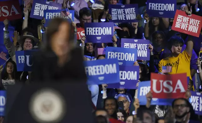 Supporters listen to Democratic presidential nominee Vice President Kamala Harris speak during a campaign rally in Milwaukee, Friday, Nov. 1, 2024. (AP Photo/Paul Beaty)