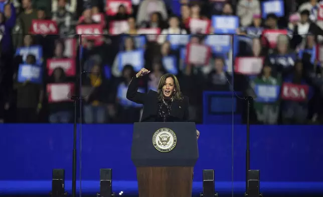 Democratic presidential nominee Vice President Kamala Harris speaks during a campaign rally outside the Philadelphia Museum of Art, Monday, Nov. 4, 2024, in Philadelphia. (AP Photo/Matt Slocum)