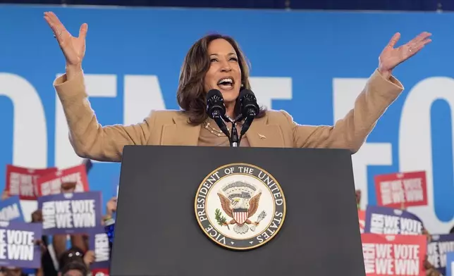 Democratic presidential nominee Vice President Kamala Harris speaks during a campaign rally, Saturday, Nov. 2, 2024, at the PNC Music Pavilion in Charlotte, N.C. (AP Photo/Jacquelyn Martin)