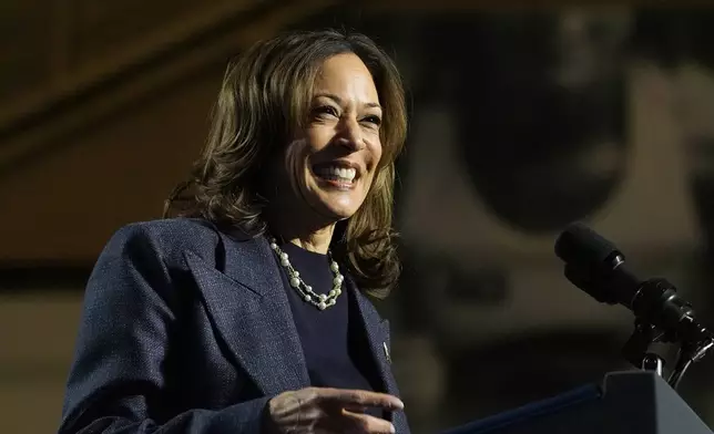 Democratic presidential nominee Vice President Kamala Harris speaks during a campaign rally at Jenison Field House on the campus of Michigan State University, Sunday, Nov. 3, 2024, in East Lansing, Mich. (AP Photo/Jacquelyn Martin)