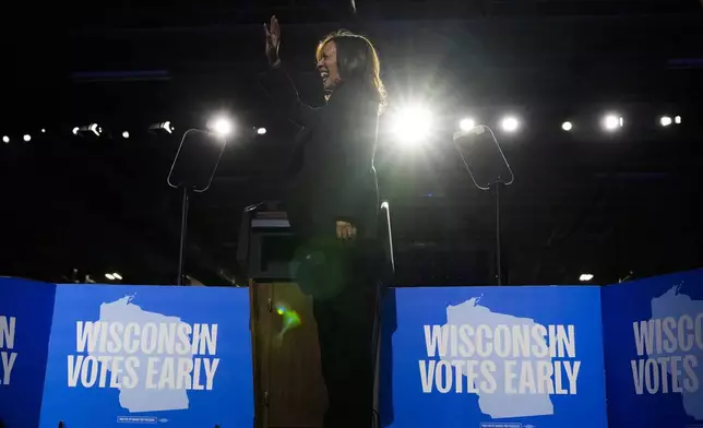 Democratic presidential nominee Vice President Kamala Harris waves to the crowd during a campaign rally at the Wisconsin State Fair Expo in West Allis, Wis., Friday, Nov. 1, 2024. (AP Photo/Jacquelyn Martin)