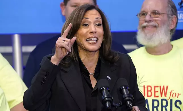 Democratic presidential nominee Vice President Kamala Harris speaks during a campaign event at IBEW Local 890 in Janesville, Wis., Friday, Nov. 1, 2024. (AP Photo/Kayla Wolf)