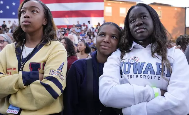 Supporters look on as Vice President Kamala Harris delivers a concession speech for the 2024 presidential election, Wednesday, Nov. 6, 2024, on the campus of Howard University in Washington. (AP Photo/Susan Walsh)