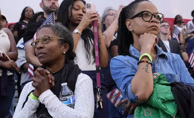 Supporters look on as Vice President Kamala Harris delivers a concession speech for the 2024 presidential election, Wednesday, Nov. 6, 2024, on the campus of Howard University in Washington. (AP Photo/Susan Walsh)