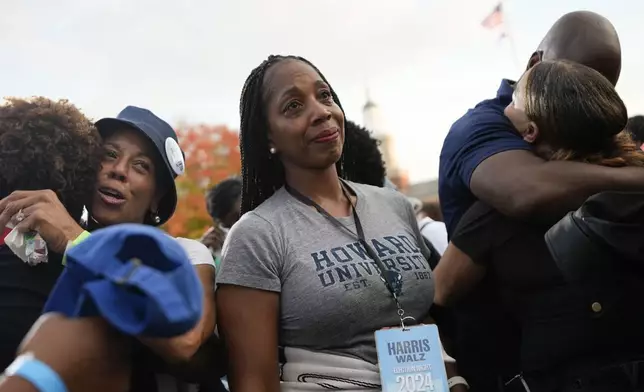 Supporters of Vice President Kamala Harris react at her concession speech for the 2024 presidential election on the campus of Howard University in Washington, Wednesday, Nov. 6, 2024. (AP Photo/Pablo Martinez Monsivais)